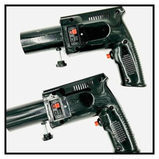 Black party sparkle gun cold pyro firing gun for celebrations shown in two angles on white background