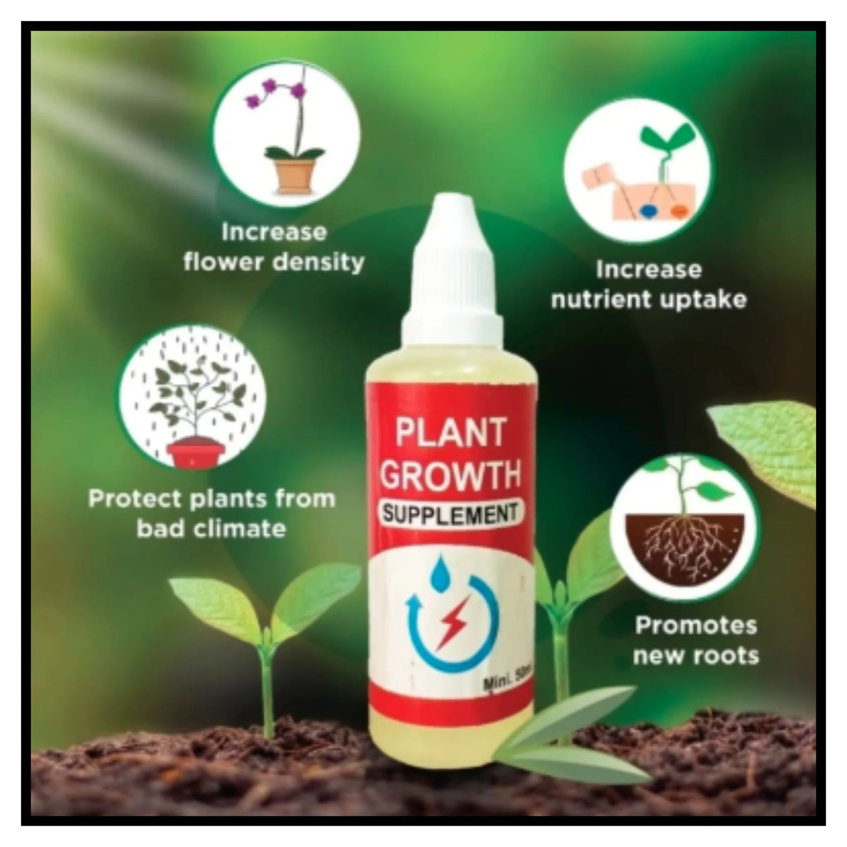 Plant growth supplement bottle with white dropper cap and red label on green background showing benefits like increase flower density and promotes new roots