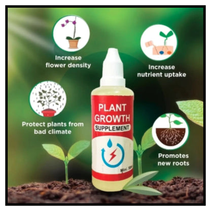 Plant growth supplement bottle with white dropper cap and red label on green background showing benefits like increase flower density and promotes new roots