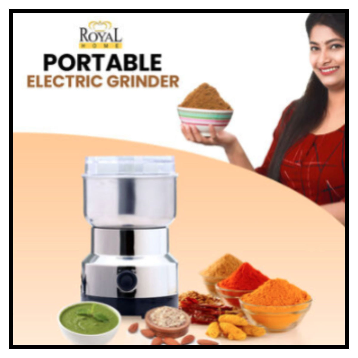 Portable electric grinder for spices coffee beans and dry ingredients