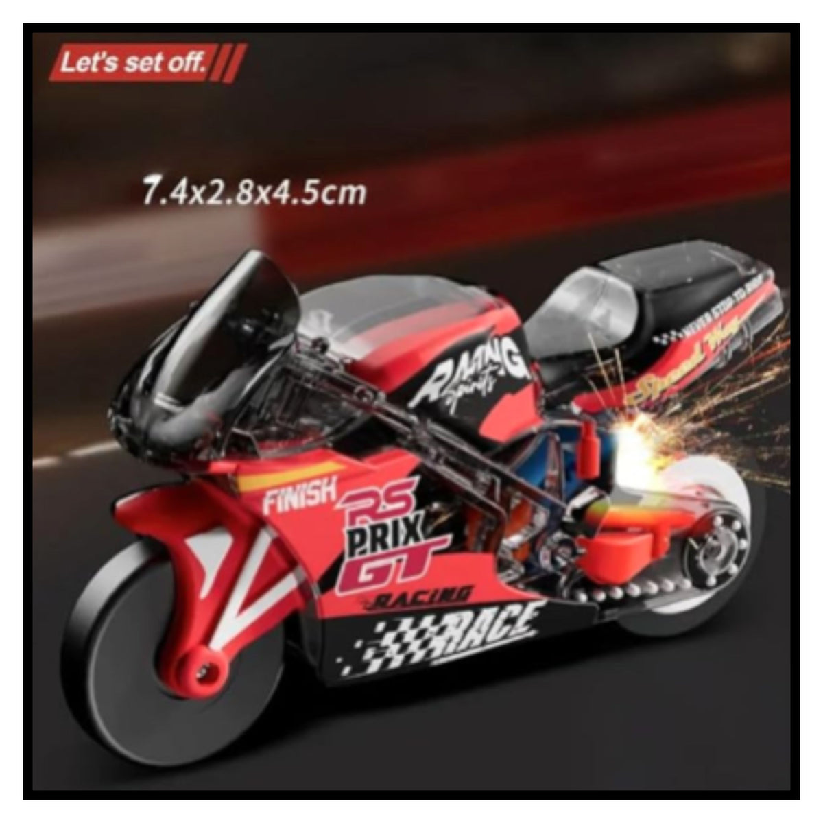 Red and black pull back stunt racing motorcycle toy with RACING graphics and spark effect on rear wheel shown on dark background