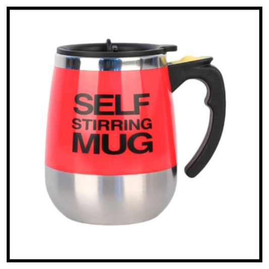 A self-stirring mug with a bright red body black handle and lid and a stainless steel lower half The red section features the text SELF STIRRING MUG in black capital letters