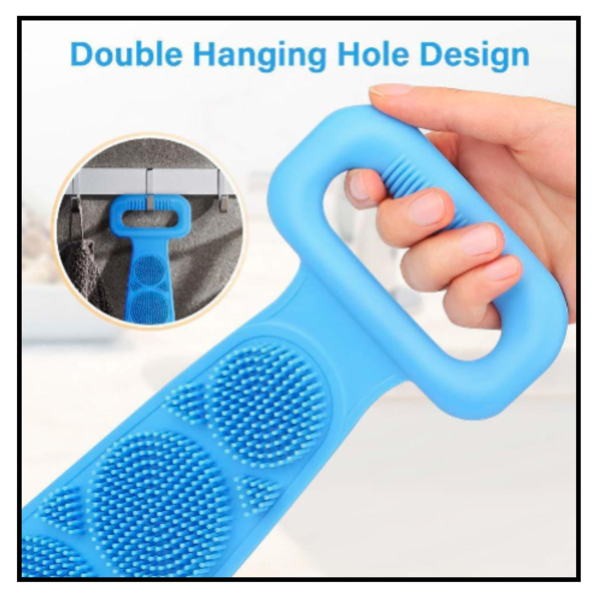 Silicone back scrubber belt with double hanging hole design