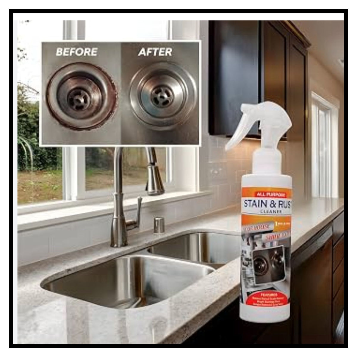 A bottle of All Purpose Stain & Rust Cleaner stands on a kitchen counter next to a double sink with a before and after inset showing cleaner rust buildup on a sink drain