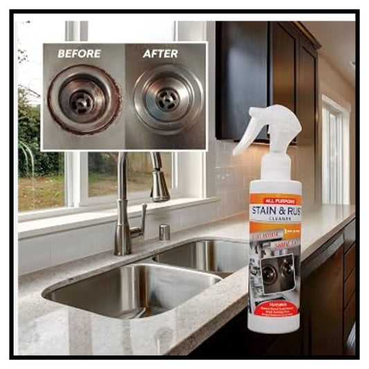A bottle of All Purpose Stain & Rust Cleaner stands on a kitchen counter next to a double sink with a before and after inset showing cleaner rust buildup on a sink drain