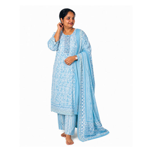 Woman Modeling Peacock Blue Cotton Printed Kurta Set With Matching Dupatta - 3XL Size - S.NO 411718