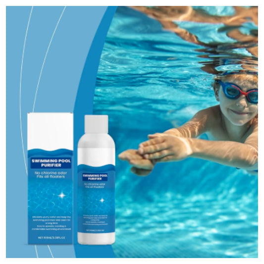 Swimming pool purifier bottle and box shown beside a pool scene with a child wearing goggles swimming underwater