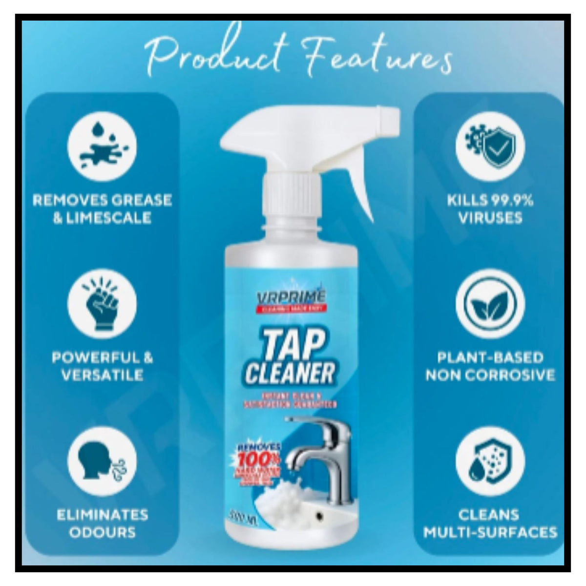 A bottle of VippRine Tap Cleaner centered on a blue Product Features graphic with icons and text listing benefits such as removing grease and limescale killing viruses and being plant-based