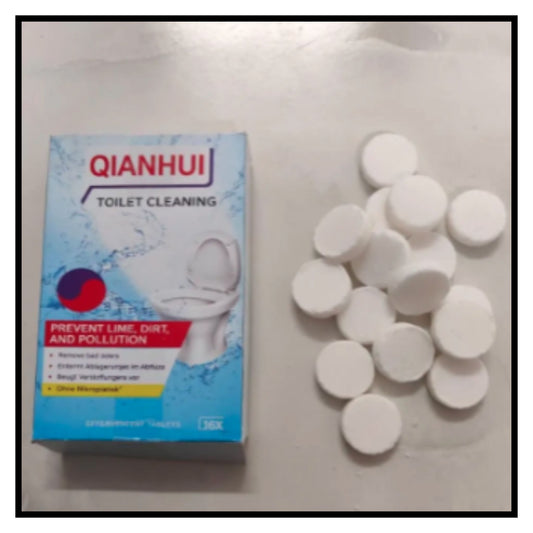 Qianhui toilet cleaning tablets box with pack of white round cleaning tablets displayed next to packaging on light background