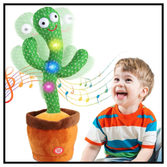 Green talking dancing cactus toy with colorful lights next to laughing baby boy, musical notes around