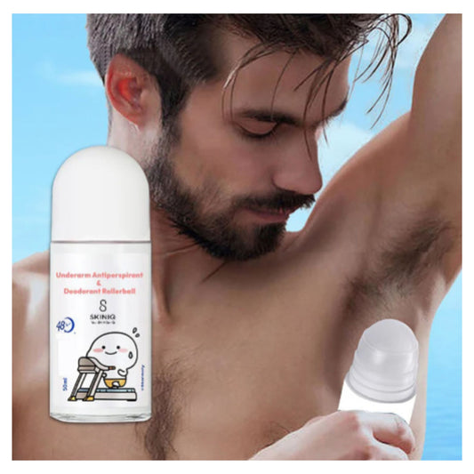 Man applying white underarm antiperspirant deodorant rollerball for sweat and odor control against blue sky background