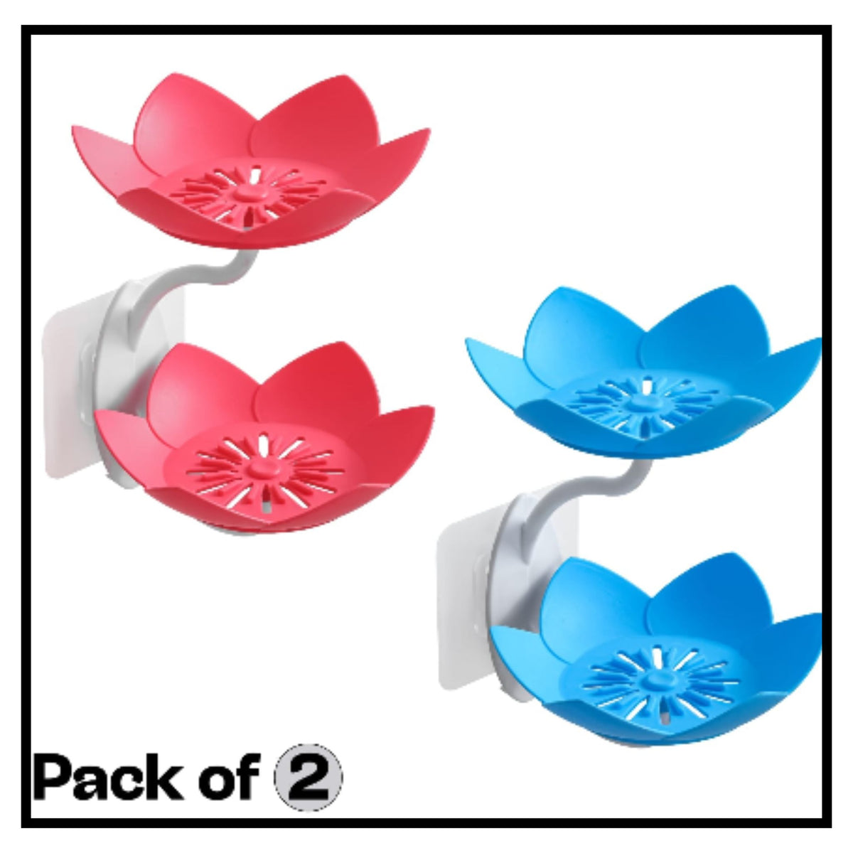 Wall mounted lotus flower shaped soap holders pack of 2 in pink and blue with drainage design