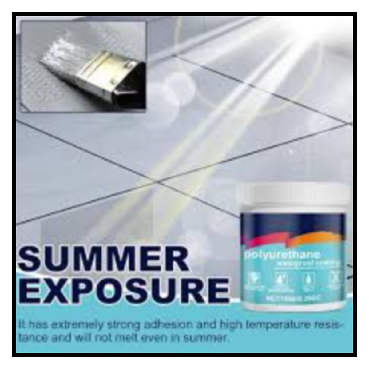 Waterproof glue paint product image with summer exposure text showing polyurethane sealant can and brush applying on tiles