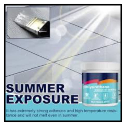 Waterproof glue paint product image with summer exposure text showing polyurethane sealant can and brush applying on tiles