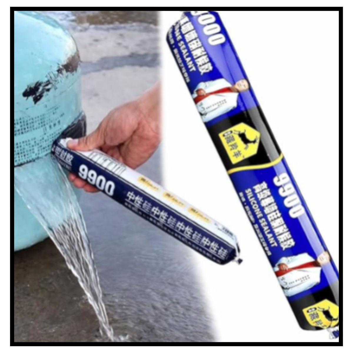 Waterproof silicone sealant tube 9900 being applied to seal leaking water tank and gas cylinder with closeup of blue and yellow sealant tube