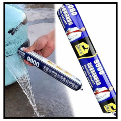Waterproof silicone sealant tube 9900 being applied to seal leaking water tank and gas cylinder with closeup of blue and yellow sealant tube