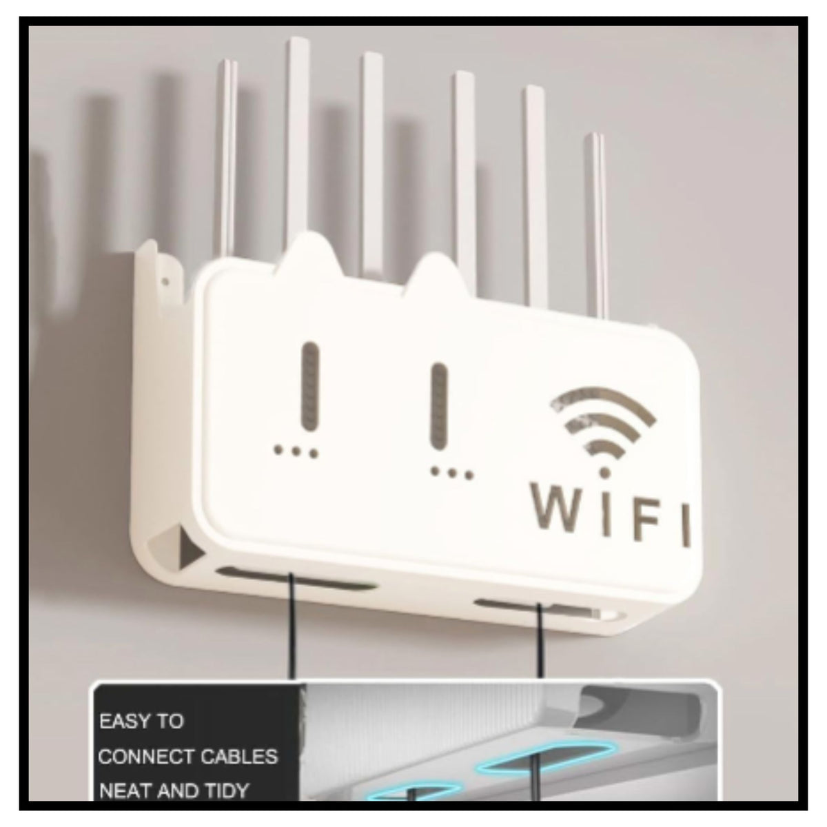White wall-mounted wifi router storage box with six antennas cutout slots and wifi symbol on light gray wall