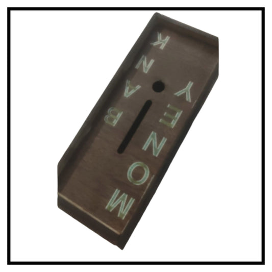 Dark brown rectangular wooden money bank with raised MONEY lettering and coin slot on white background